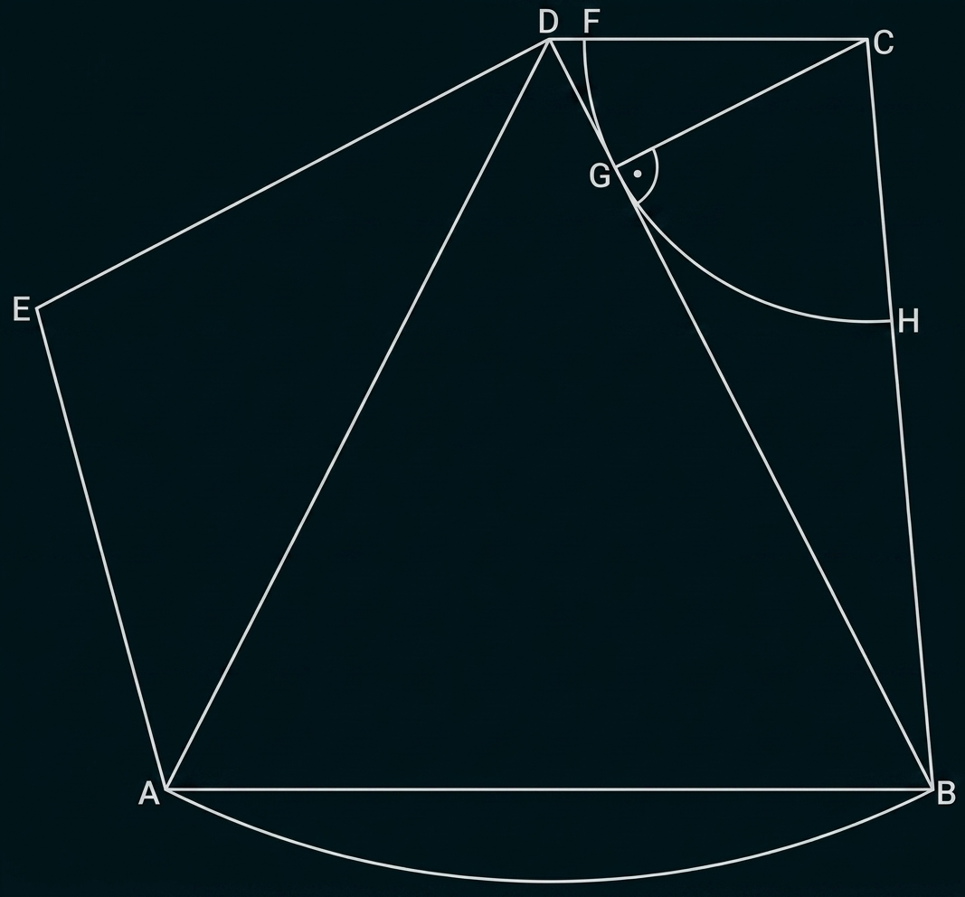 Geometrische Zeichnung mit Punkten A–H, Geraden, Dreiecken und Kreisbögen.